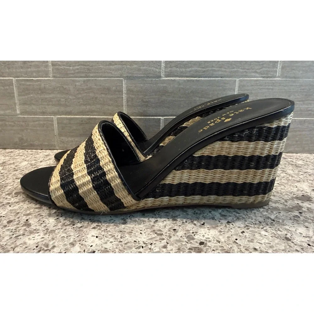 Kate Spade NY Linda Wedge Sandals Black Cream Striped Raffia & Leather Size 6.5M